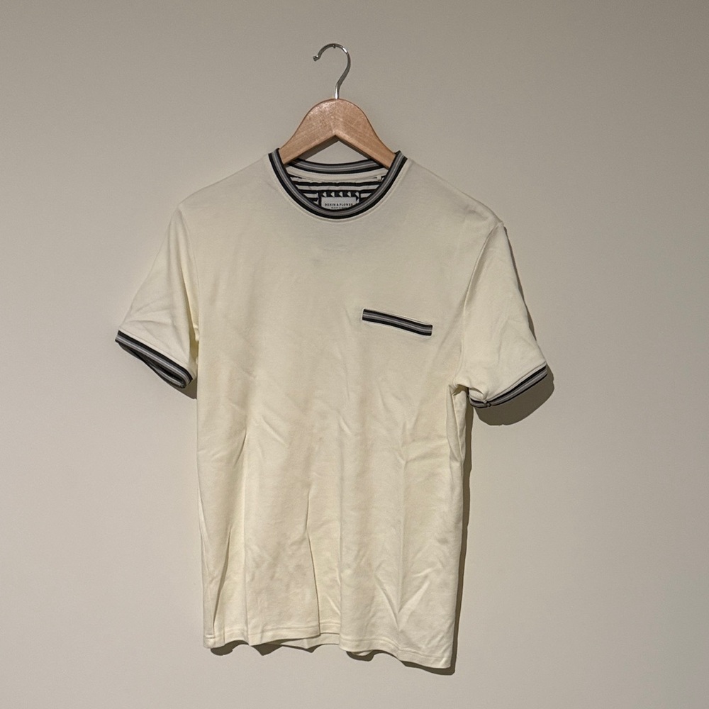 Men's denim & flower Cream T-Shirt with Black Accents